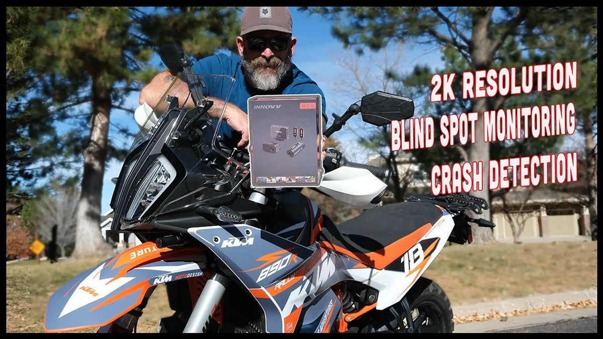 UPShifting Adventures reviewing INNOVV RC6 motorcycle dash cam with blind spot detection mounted on KTM 890 Adventure