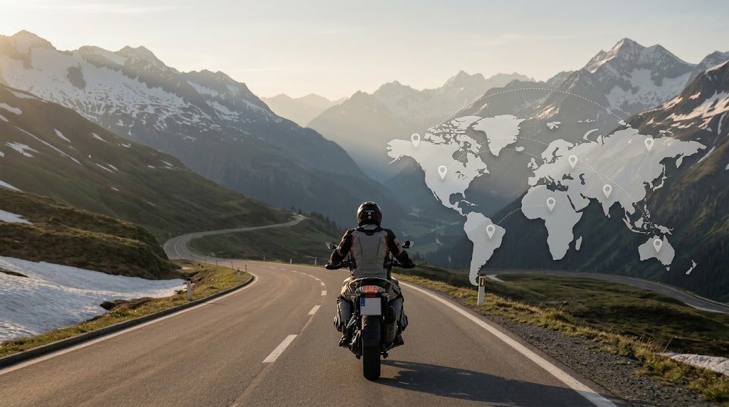 Motorcyclist riding on a scenic mountain highway under global motorcycle dashcam regulations