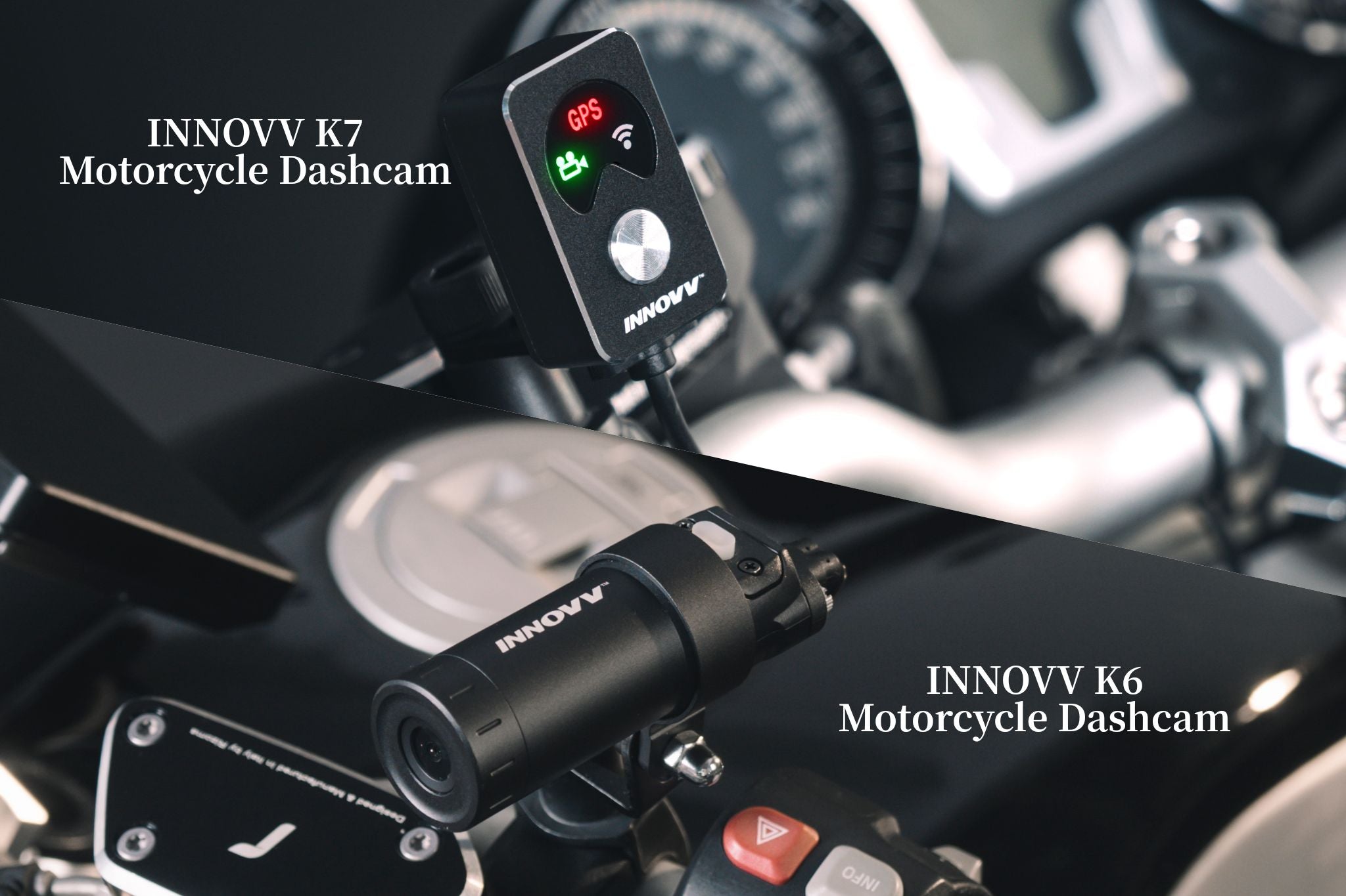 INNOVV K7 and K6 motorcycle dashcams comparison showing different camera designs and installation styles
